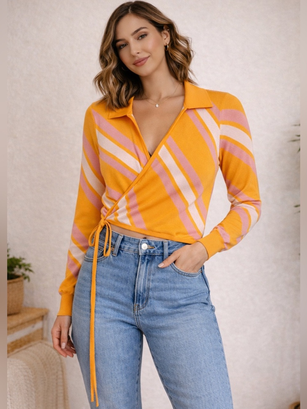 Derek Lam 10 Crosby Striped Wrap Top Size Large Yellow Pink Crop‎ Blouse Retro